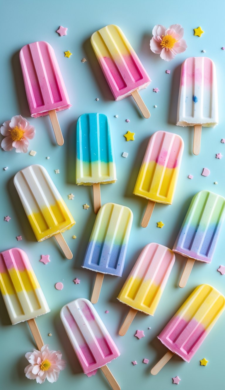 A collection of thirteen colorful popsicles arranged on a pastel background with small decorative elements around them.